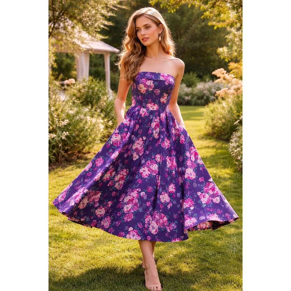 Vintage Laura Ashley Strapless Floral Dress 14 Cotton Cottagecore Garden Party